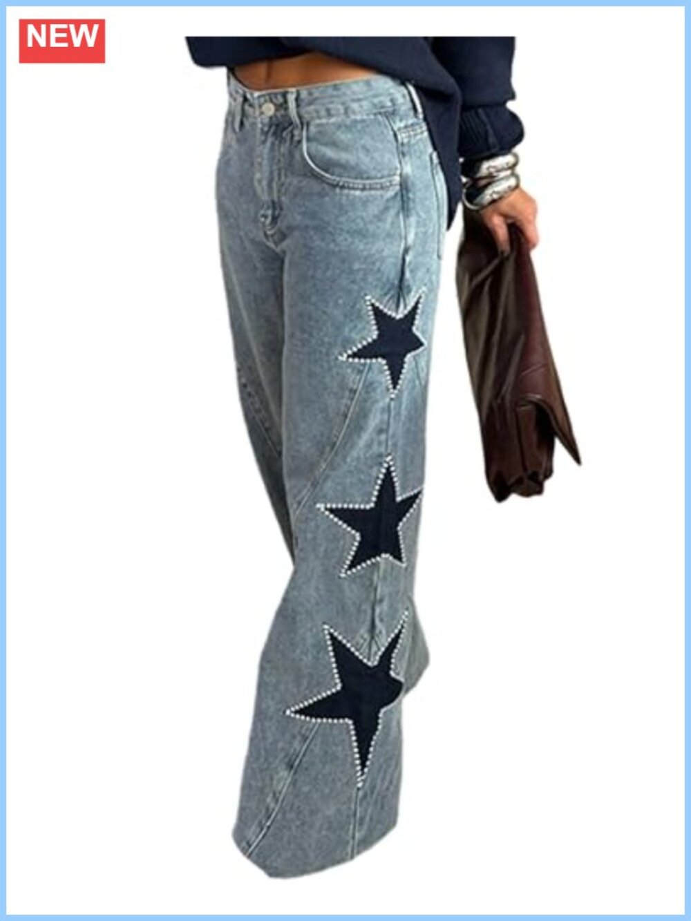 Mid Rise Star Patchwork Straight Leg Distressed Boyfriend Denim Jeans